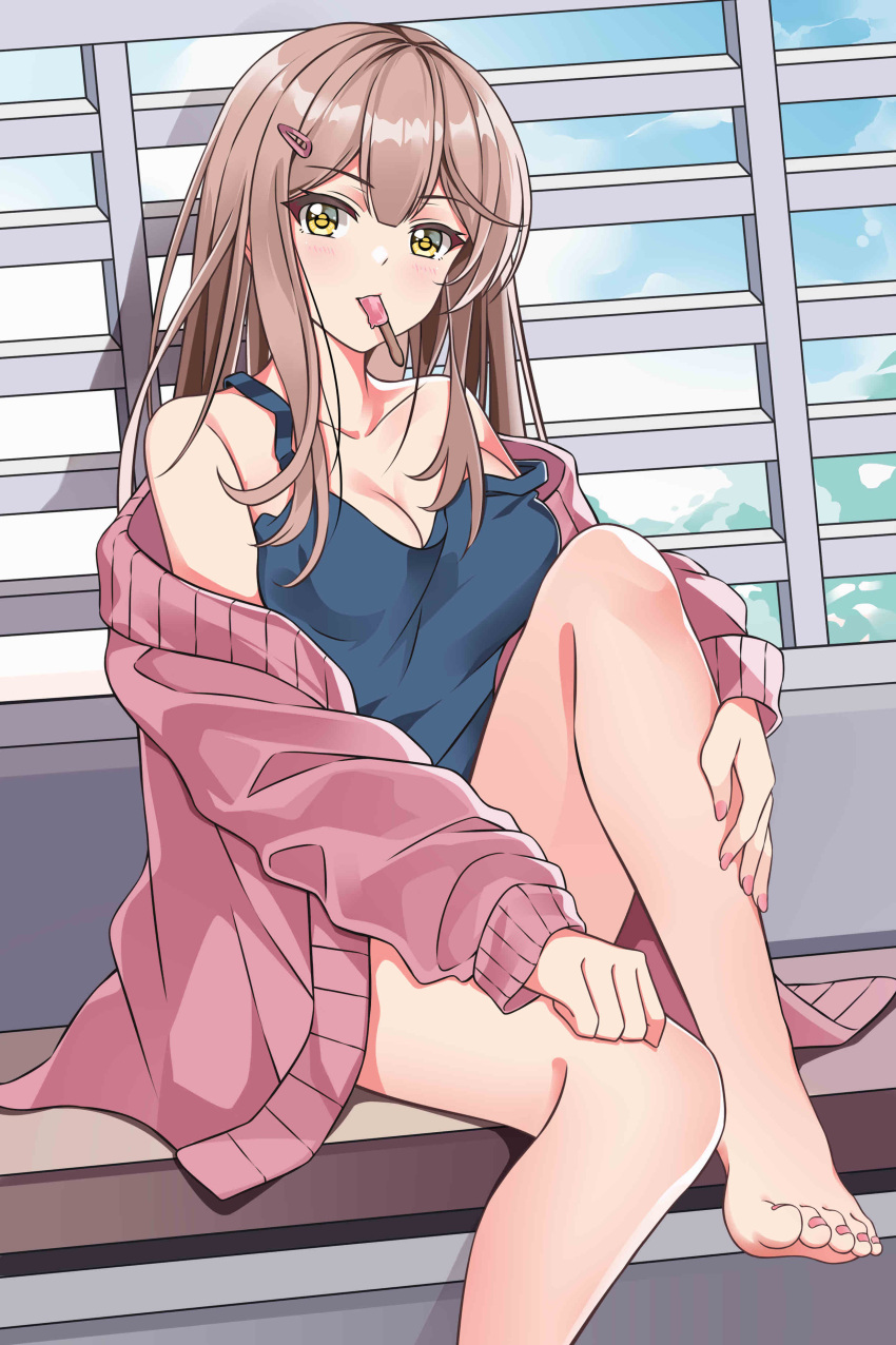 1girl absurdres bare_legs bare_shoulders barefoot brown_eyes brown_hair feet feng_shao_kky_(arj0522) food food_in_mouth hair_ornament hairclip highres ice_cream long_hair looking_at_viewer original school_uniform sitting soles sweater tank_top toes