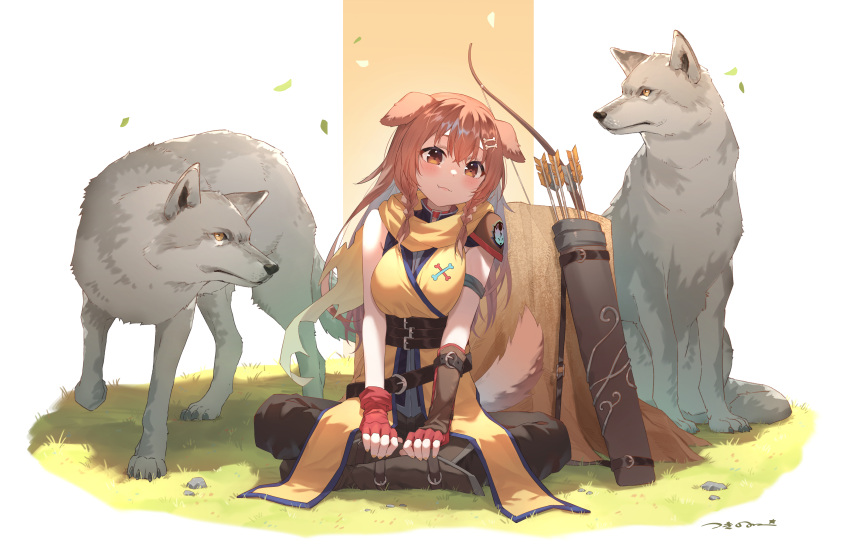 1girl :3 absurdres animal animal_ears bangs bare_arms bare_shoulders blush bone_hair_ornament bow_(weapon) braid brown_eyes brown_hair closed_mouth commentary_request dog_ears dog_girl dog_tail fangs fingerless_gloves full_body gloves hair_between_eyes hair_ornament hairclip highres hololive indian_style inugami_korone long_hair looking_at_viewer on_grass pants quiver red_gloves sitting solo tail tsukino_(nakajimaseiki) twin_braids virtual_youtuber weapon wolf