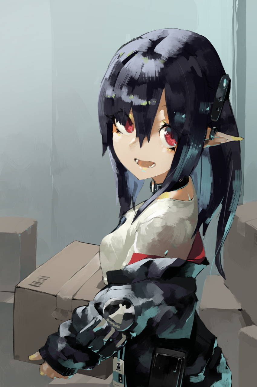 1girl absurdres arknights bag bangs black_choker black_hair black_jacket breasts choker closure_(arknights) commentary_request hair_between_eyes highres holding holding_bag indoors jacket long_hair long_sleeves looking_at_viewer looking_to_the_side open_clothes open_jacket open_mouth pointy_ears red_eyes shirt smile solo teenader_v upper_body white_shirt