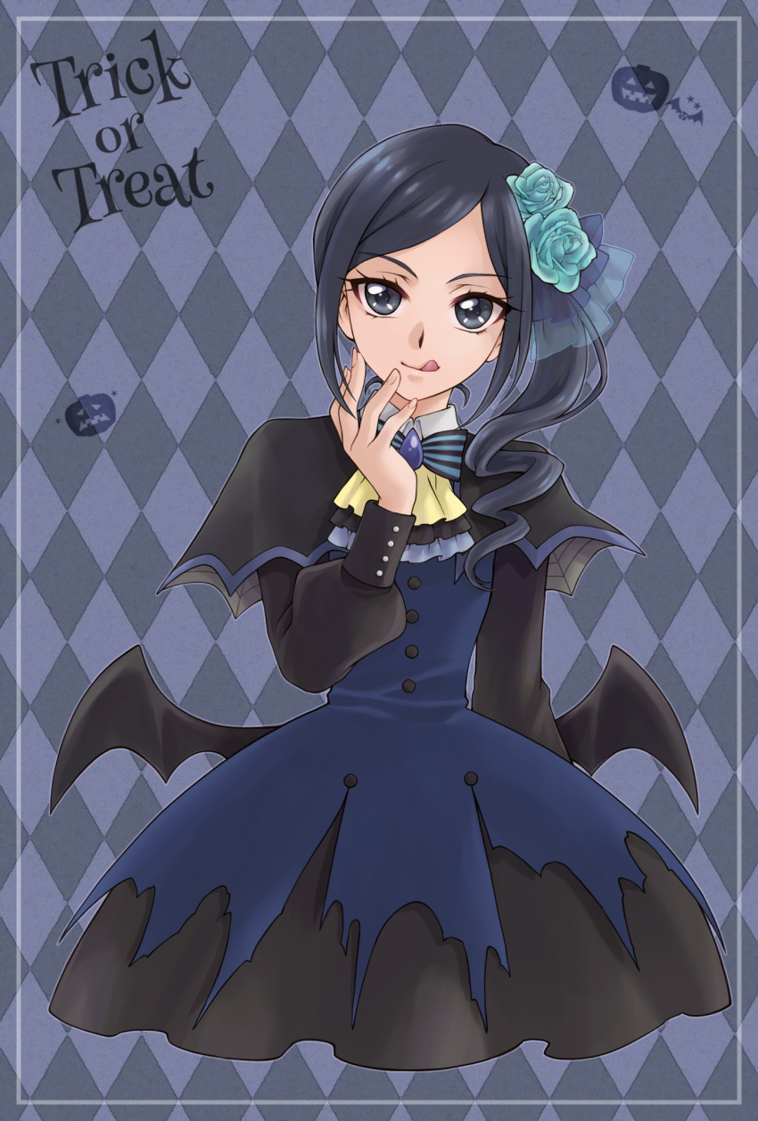 1girl aizen_(syoshiyuki) argyle argyle_background bangs black_capelet black_dress black_eyes black_hair black_wings blue_background blue_dress blue_flower blue_rose capelet closed_mouth cropped_legs demon_wings dress flower hair_flower hair_ornament halloween halloween_costume healin'_good_precure highres long_hair long_sleeves looking_at_viewer parted_bangs precure rose sawaizumi_chiyu shiny shiny_hair side_ponytail smile solo standing striped striped_neckwear tongue tongue_out trick_or_treat wings