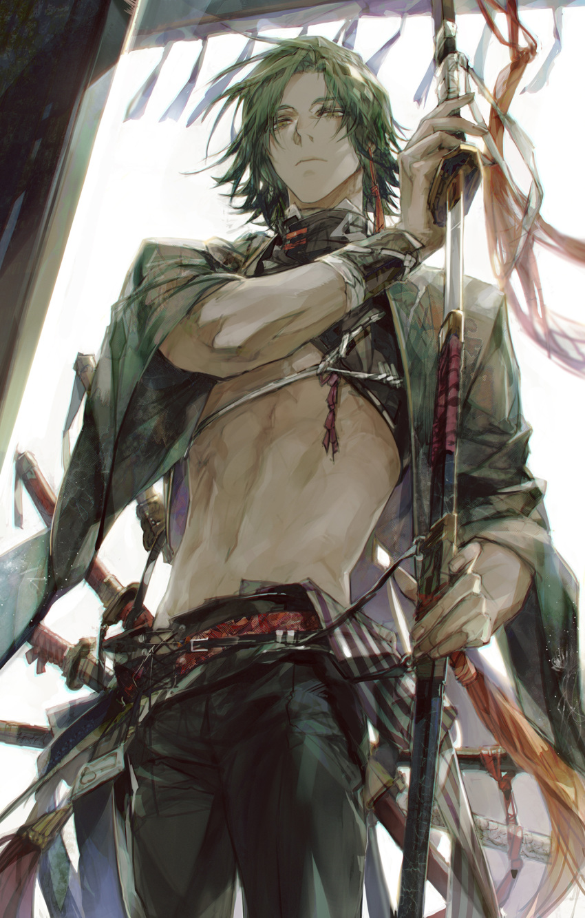 1boy bandages bare_back belt closed_mouth earrings eyebrows_visible_through_hair eyes_visible_through_hair fingernails green_eyes green_hair haban_(haban35) half-closed_eyes highres holding holding_sheath holding_sword holding_weapon jewelry katana light_rays looking_down male_focus multiple_swords navel original scabbard sheath sheathed single_earring solo standing sword turtleneck unsheathing weapon