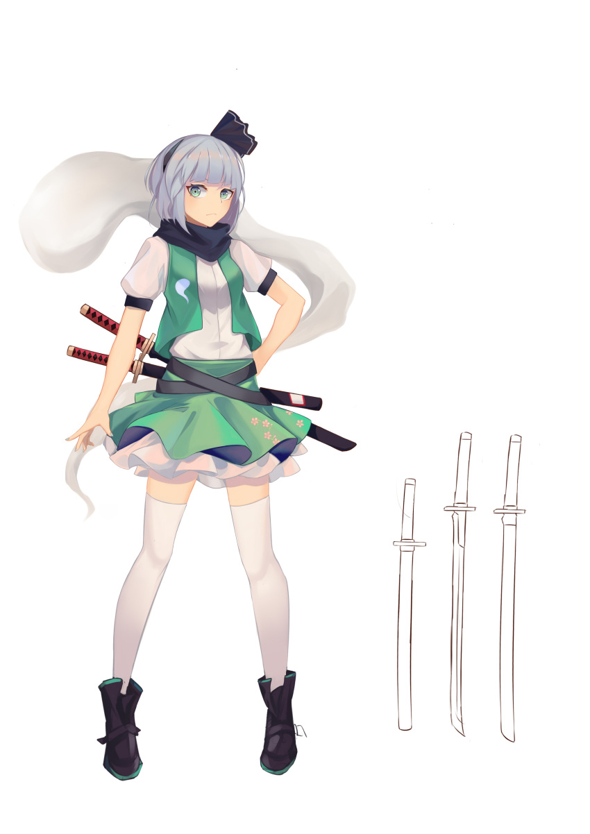 1girl absurdres bangs black_footwear black_hairband blunt_bangs bob_cut breasts closed_mouth eyebrows_behind_hair floral_print full_body green_eyes green_skirt green_vest hairband hand_on_hip highres hitodama katana konpaku_youmu konpaku_youmu_(ghost) looking_at_viewer negative_space open_clothes open_vest petticoat puffy_short_sleeves puffy_sleeves scarf sheath sheathed shirt short_hair short_sleeves short_sword silver_hair simple_background skirt small_breasts solo standing sword thigh-highs touhou vest weapon white_background white_legwear white_shirt yongzhe_mei_hong zettai_ryouiki