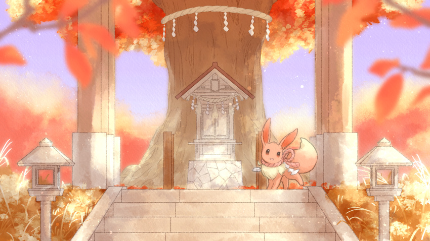 arch autumn blurry brown_eyes chocolatte commentary_request day eevee gen_1_pokemon highres looking_at_viewer no_humans outdoors pokemon pokemon_(creature) rope shrine sky solo stairs standing tree