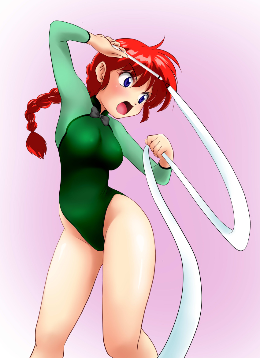 1girl absurdres athletic_leotard blue_eyes braid braided_ponytail commentary_request feet_out_of_frame genderswap genderswap_(mtf) green_leotard gymnastics_ribbon highres leotard looking_back nanao_futaba open_mouth pink_background ranma-chan ranma_1/2 redhead saotome_ranma single_braid solo standing