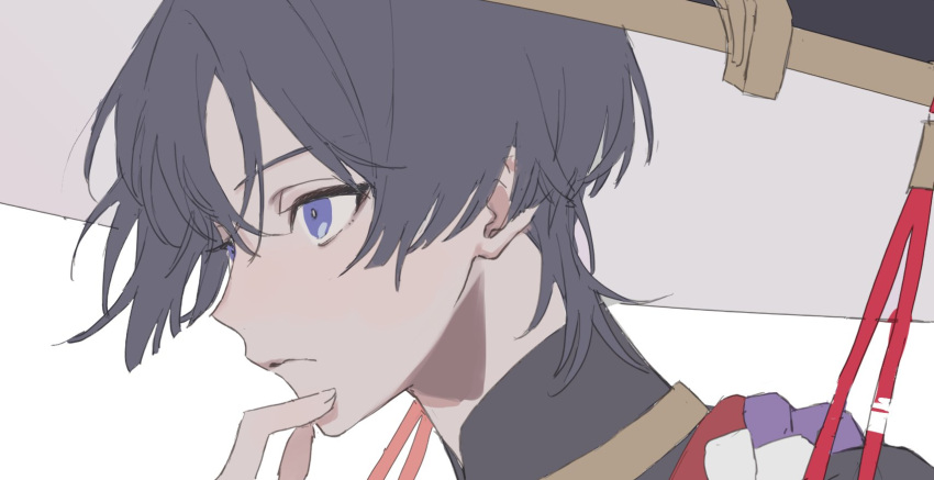 1boy bangs black_hair closed_eyes face genshin_impact hair_between_eyes hat highres male_focus poi_poifu scaramouche simple_background sketch solo upper_body violet_eyes white_background