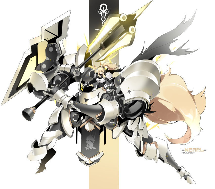 1girl absurdres animal_ear_fluff animal_ears arknights armor bangs blonde_hair breastplate character_name commentary_request eyebrows_visible_through_hair hair_between_eyes headset highres holding holding_weapon horse_ears long_hair looking_at_viewer mecha nearl_(arknights) orange_eyes shinnasuka025 shoulder_armor sidelocks solo weapon white_background