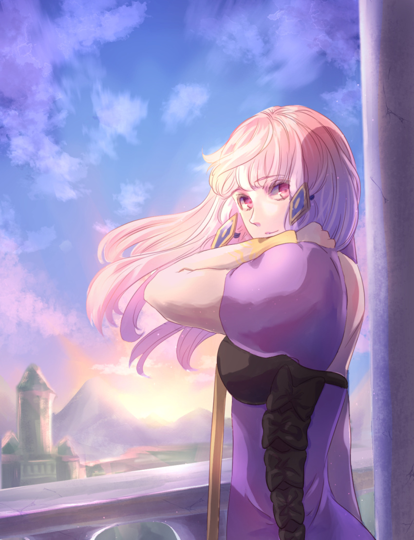 1girl bangs blue_sky closed_mouth day dress eyebrows_visible_through_hair fire_emblem fire_emblem:_three_houses floating_hair hand_in_hair highres long_hair long_sleeves looking_at_viewer looking_back lysithea_von_ordelia mountainous_horizon outdoors purple_dress red_eyes riou_(pooh920) shiny shiny_hair shoulder_blades silver_hair sky solo very_long_hair