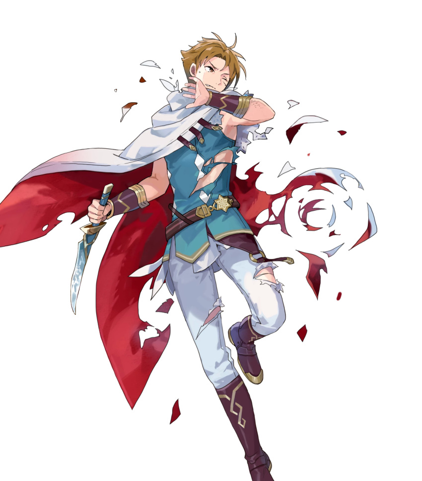 1boy 1man belt blonde_hair blue_clothes boots brown_eyes cape damaged damaged_clothes determined fire_emblem fire_emblem_heroes greaves knight muscular open_mouth smile white_cape