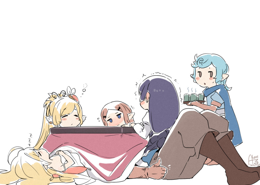 1boy ahoge bangs blonde_hair blue_eyes blue_hair blush boots cape character_request commentary_request eyebrows_visible_through_hair gloves granblue_fantasy long_hair lying mahira_(granblue_fantasy) melissabelle milleore multiple_girls pillow pointy_ears purple_hair rkrk short_hair simple_background sitting sleeping strap_slip thumbs_up trembling violet_eyes white_background zzz