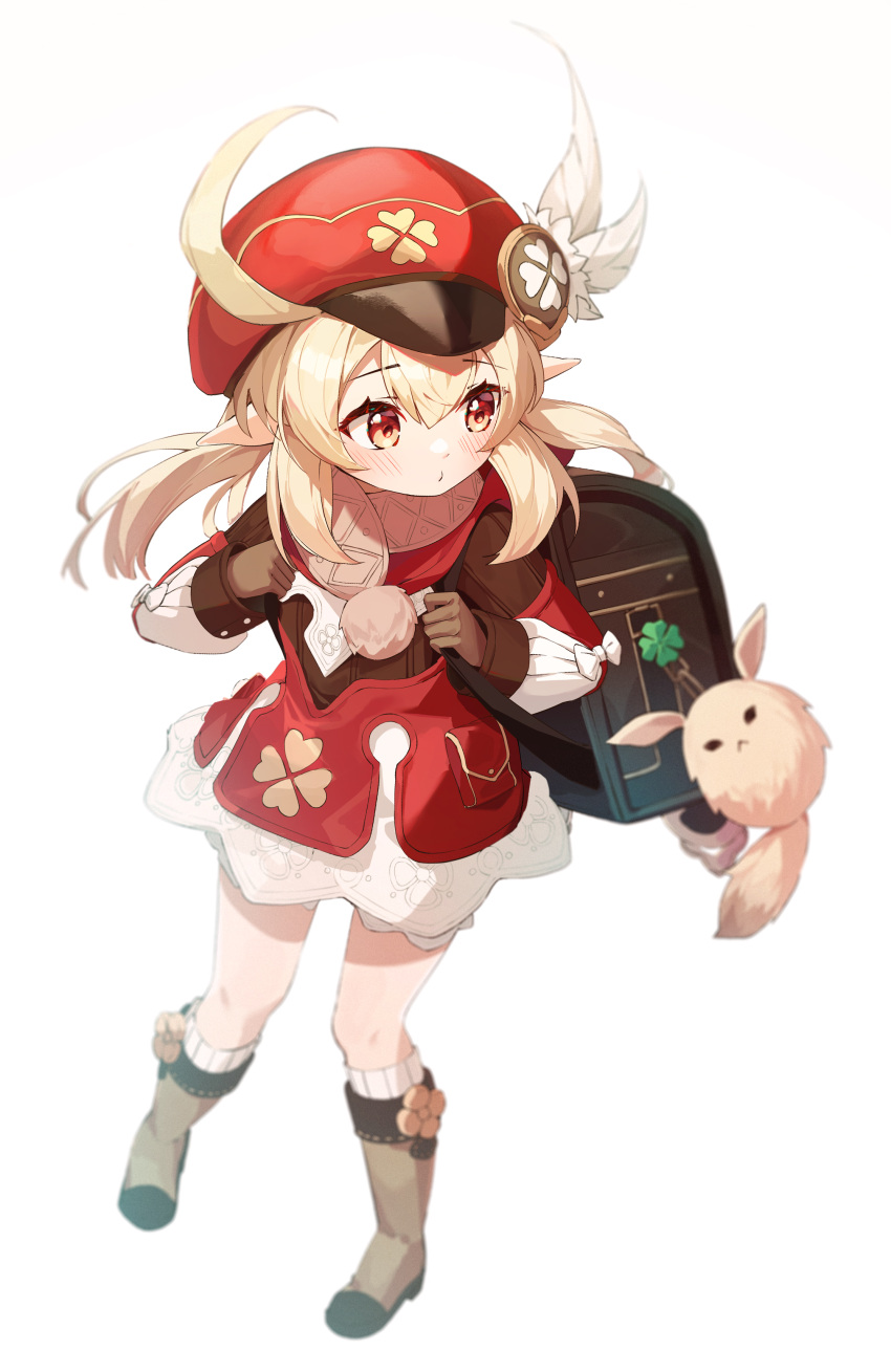 1girl absurdres ahoge backpack bag bag_charm bangs blonde_hair blush boots brown_footwear brown_gloves cabbie_hat charm_(object) closed_mouth dress eyebrows_visible_through_hair feathers full_body genshin_impact gloves hair_between_eyes hat hat_feather highres klee_(genshin_impact) knee_boots kneehighs long_hair long_sleeves looking_away looking_to_the_side low_twintails munseonghwa pointy_ears puffy_long_sleeves puffy_sleeves red_dress red_eyes red_headwear ribbed_legwear simple_background sleeves_past_wrists solo twintails white_background white_feathers white_legwear