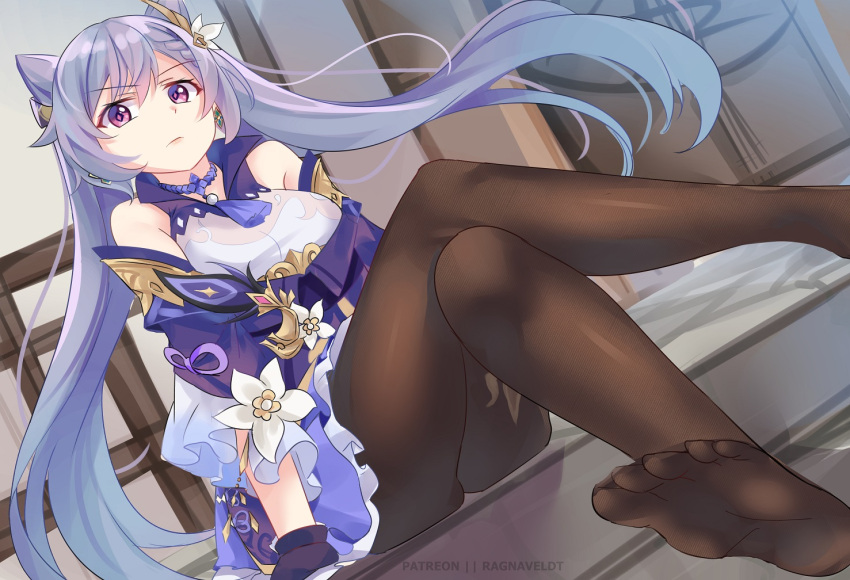 1girl bare_shoulders black_legwear crossed_legs detached_sleeves double_bun dress feet flower frilled_dress frilled_skirt frilled_sleeves frills full_body genshin_impact hair_ornament keqing_(genshin_impact) legs looking_at_viewer pantyhose patreon_username purple_hair ragnaveldt sitting skirt solo stairs twintails violet_eyes