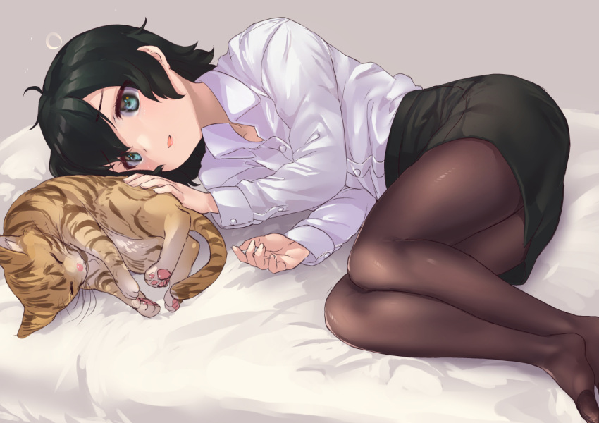 1girl alternate_costume black_hair black_legwear black_skirt blue_eyes cat collared_shirt commentary_request eyebrows_visible_through_hair kaban_(kemono_friends) kemono_friends long_sleeves lying no_hat no_headwear no_shoes office_lady on_bed on_side pantyhose pencil_skirt petting shirt short_hair skirt solo tadano_magu white_shirt