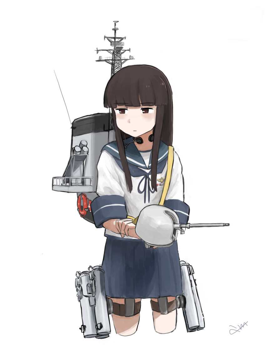 1girl 4me_4ma adapted_turret bangs black_hair blue_sailor_collar blue_skirt blunt_bangs brown_eyes cannon character_name collared_shirt commentary_request cowboy_shot hatsuyuki_(kantai_collection) headset highres hime_cut kantai_collection long_hair looking_to_the_side machinery neckerchief pleated_skirt sailor_collar school_uniform serafuku shirt simple_background skirt smokestack solo standing turret white_background