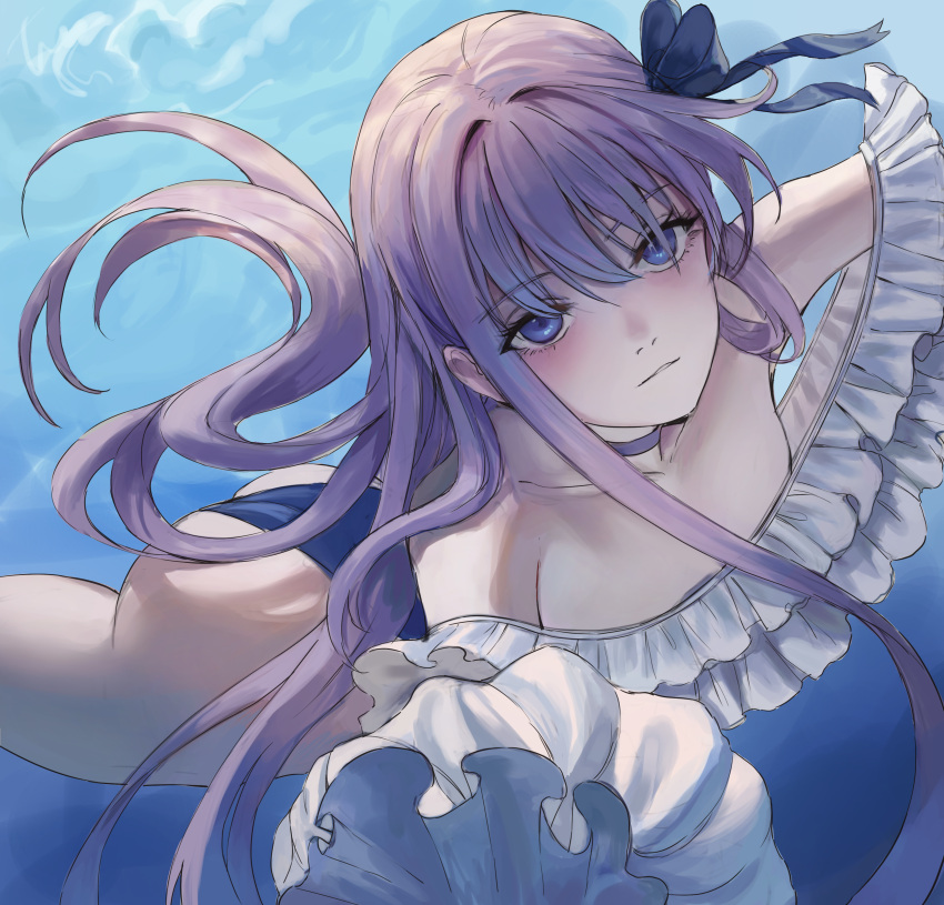 1girl absurdres ass bangs bare_shoulders blue_eyes blue_ribbon blush breasts choker closed_mouth collarbone fate/grand_order fate_(series) frills gold_can hair_ribbon highleg highleg_swimsuit highres huge_filesize long_hair long_sleeves looking_at_viewer meltryllis meltryllis_(swimsuit_lancer)_(fate) off-shoulder_swimsuit one-piece_swimsuit puffy_sleeves purple_hair ribbon sleeves_past_fingers sleeves_past_wrists small_breasts swimming swimsuit thighs underwater very_long_hair white_ribbon