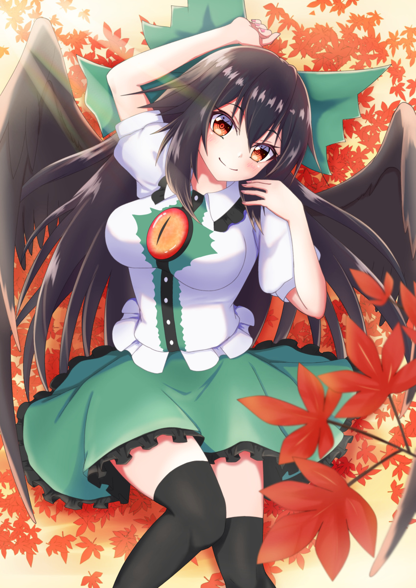 1girl absurdres arm_above_head bird_wings black_hair black_legwear black_wings blouse blush bow breasts commentary_request feet_out_of_frame green_bow green_skirt hair_between_eyes hair_bow head_tilt highres knees_together_feet_apart large_breasts leaf light_rays long_hair looking_at_viewer lying maple_leaf o1118 on_back puffy_short_sleeves puffy_sleeves red_eyes reiuji_utsuho short_sleeves skirt smile solo thigh-highs touhou very_long_hair white_blouse wings zettai_ryouiki