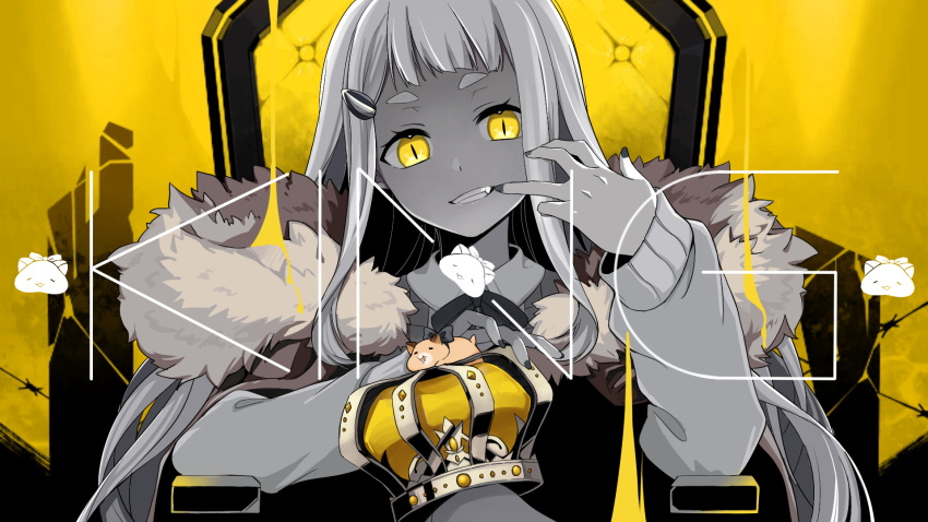 1girl artist_request fang fur_trim gonzalez_(machita_chima) highres holding_crown king_(vocaloid) looking_at_viewer machita_chima mouth_pull nijisanji official_art parody second-party_source short_bangs short_eyebrows sitting solo song_name spot_color throne virtual_youtuber yellow_eyes