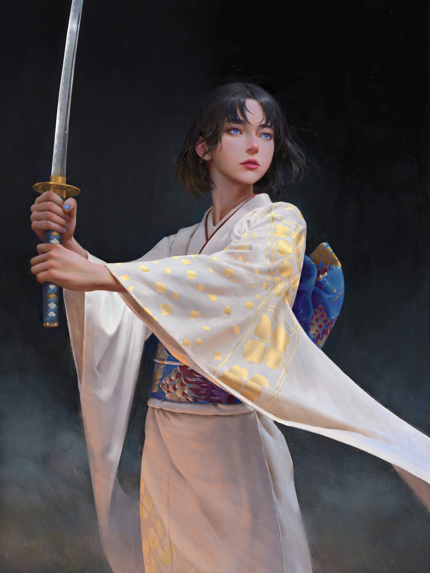 1girl absurdres black_hair blue_eyes blue_nails fighting_stance fingernails highres holding holding_sword holding_weapon japanese_clothes kara_no_kyoukai katana kimono obi realistic ryougi_shiki sash serious short_hair sword weapon white_kimono wide_sleeves yuhong_ding