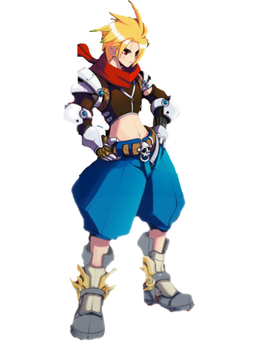 1boy armor belly_button blonde_hair boots gloves midriff navel official_art red_eyes red_scarf regret_(zenonia) skull_belt spiky_hair winged_shoes zenonia