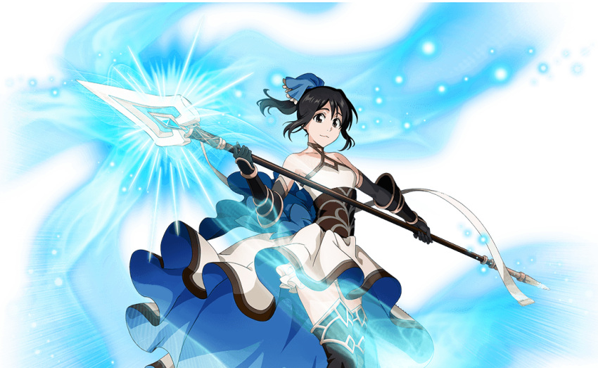 1girl alternate_costume armor bare_shoulders black_hair bleach bodskih breasts brown_eyes choker dress elbow_gloves english_commentary feet_out_of_frame female gloves hinamori_momo holding holding_spear holding_weapon looking_at_viewer official_art polearm ponytail small_breasts solo spear thigh-highs transparent_background weapon