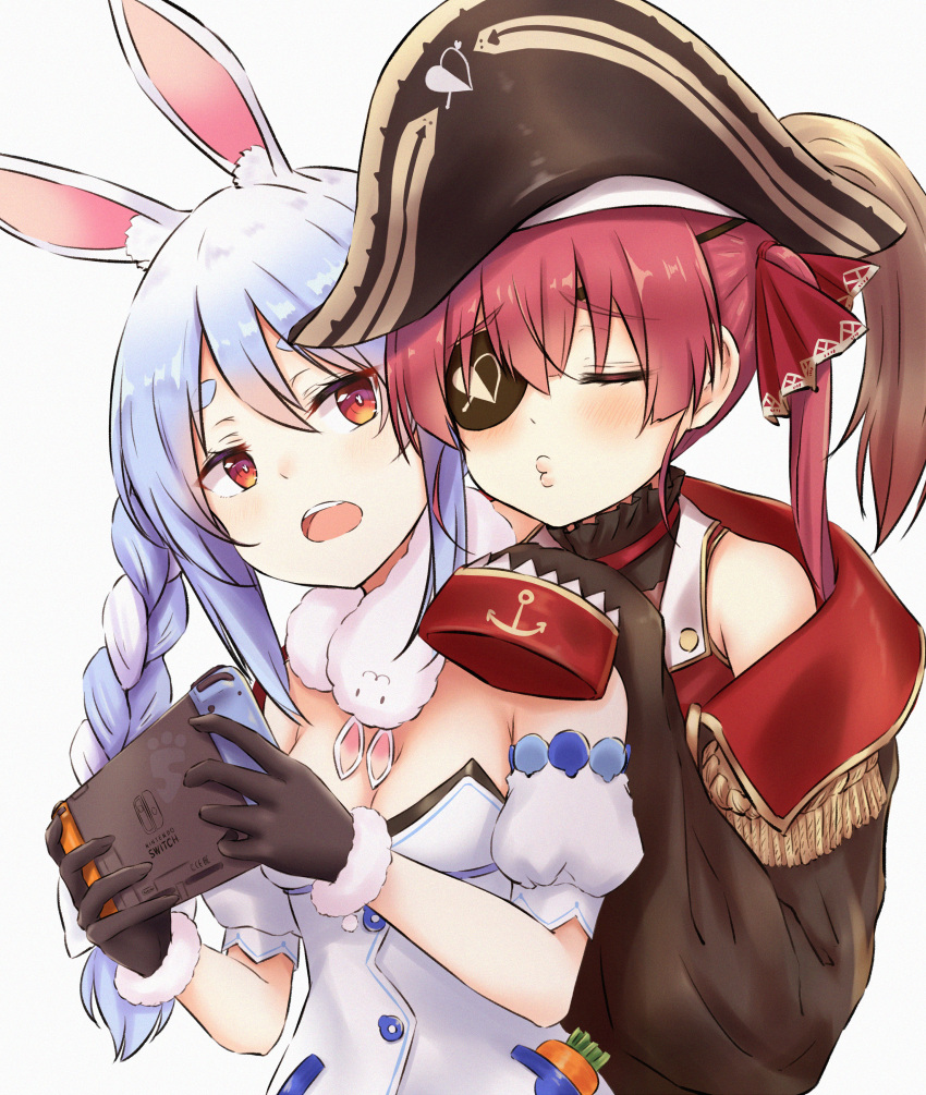 2girls ^3^ absurdres animal_ear_fluff animal_ears black_gloves coat eyebrows_visible_through_hair eyepatch fur-trimmed_gloves fur_trim gloves hands_on_another's_shoulders highres hikimayu hololive houshou_marine hug hug_from_behind huge_filesize light_blush long_hair multiple_girls nintendo_switch orange_eyes pikao pirate rabbit_ears rabbit_girl simple_background sleeves_past_fingers sleeves_past_wrists twintails upper_body usada_pekora virtual_youtuber white_background yuri