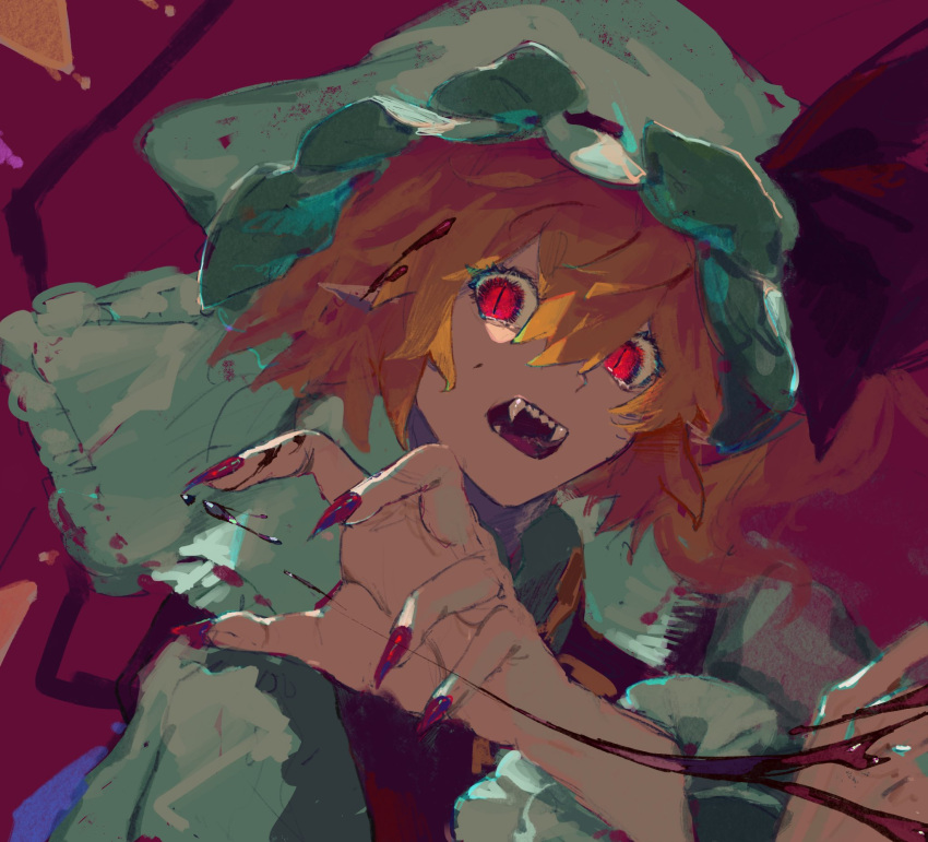1girl blonde_hair blood commentary_request crystal fangs fingernails flandre_scarlet hat hat_ribbon highres kusariuta long_fingernails looking_at_viewer mob_cap open_mouth pointy_ears red_background red_eyes red_nails red_ribbon red_vest ribbon sharp_fingernails shirt short_hair side_ponytail slit_pupils solo touhou upper_body vest white_headwear white_shirt wings yellow_neckwear