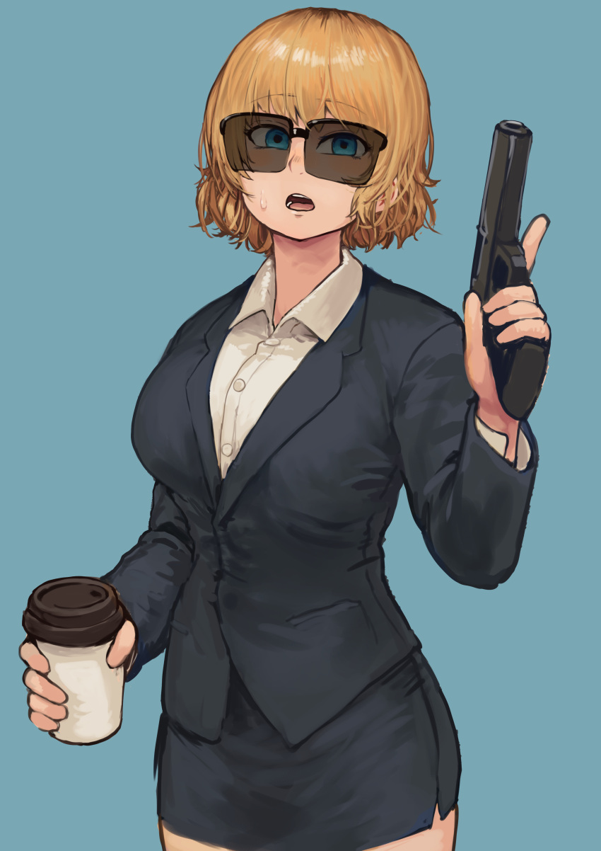 1girl absurdres black_jacket blonde_hair blue_background blue_eyes breasts chanta_(ayatakaoisii) coffee_cup collared_shirt cowboy_shot cup disposable_cup gun hand_up handgun highres holding holding_gun holding_weapon huge_breasts jacket long_sleeves looking_at_viewer miniskirt open_mouth original over-rim_eyewear pencil_skirt semi-rimless_eyewear shirt short_hair simple_background skirt solo sunglasses sweat trigger_discipline weapon white_shirt wing_collar