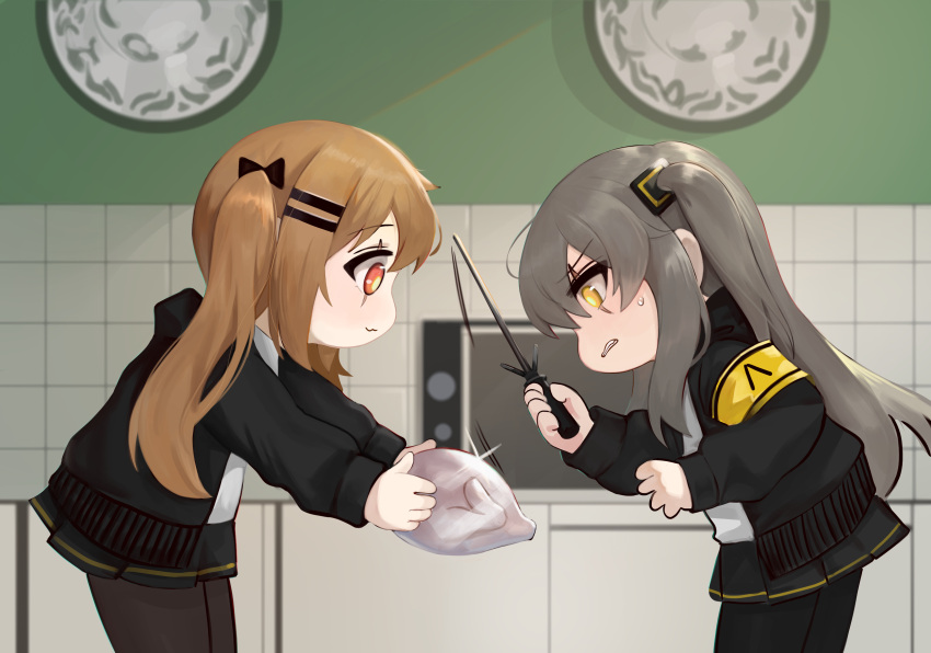 2girls :3 absurdres armband bangs black_bow black_jacket black_legwear black_skirt blush bow brown_hair chicken_(food) clenched_teeth closed_mouth commentary_request dokomon eyebrows_visible_through_hair food from_side frozen girls_frontline grey_hair hair_between_eyes hair_bow hair_ornament hairclip highres holding holding_food hood hood_down hooded_jacket indoors jacket korean_commentary leaning_forward long_hair long_sleeves microwave multiple_girls one_side_up open_clothes open_jacket pantyhose pleated_skirt redhead scar scar_across_eye shirt skirt standing sweat teeth tile_wall tiles twintails ump45_(girls_frontline) ump9_(girls_frontline) very_long_hair white_shirt yellow_eyes