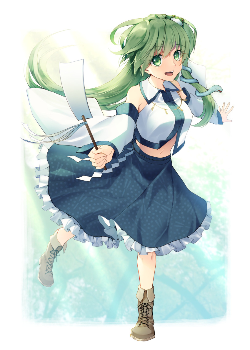 1girl absurdres bangs blue_skirt boots border brown_footwear collared_shirt detached_sleeves eyebrows_visible_through_hair frog_hair_ornament full_body gohei gradient gradient_background green_eyes green_hair hair_ornament highres holding japanese_clothes kaede_(mmkeyy) kochiya_sanae light_rays long_hair looking_at_viewer miko navel open_mouth shirt skirt smile snake_hair_ornament solo standing standing_on_one_leg touhou white_border white_shirt wide_sleeves