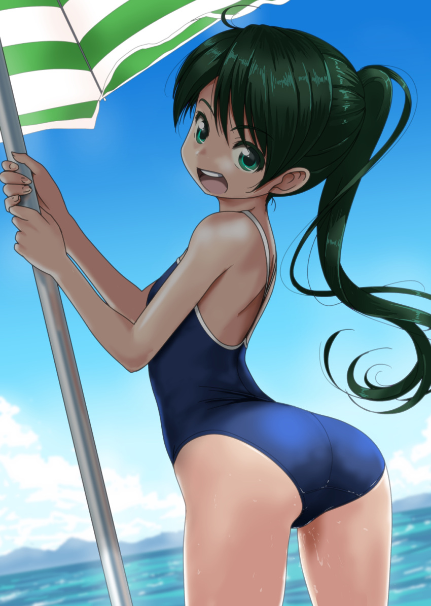 1girl ass black_hair blue_sky blue_swimsuit clouds commentary_request competition_school_swimsuit cowboy_shot day dutch_angle from_behind green_eyes highres long_hair mountain ocean open_mouth original outdoors ponytail rohitsuka round_teeth school_swimsuit sky solo swimsuit teeth upper_teeth