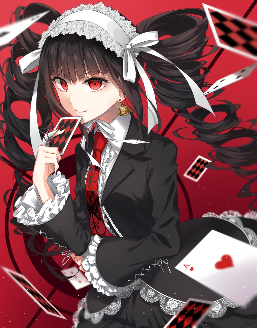 1girl black_hair bonnet card celestia_ludenberck commentary_request dangan_ronpa dangan_ronpa_1 drill_hair earrings frills gothic_lolita highres jewelry lolita_fashion long_hair looking_at_viewer nail_polish nanace_0 necktie playing_card red_eyes smile solo twin_drills twintails