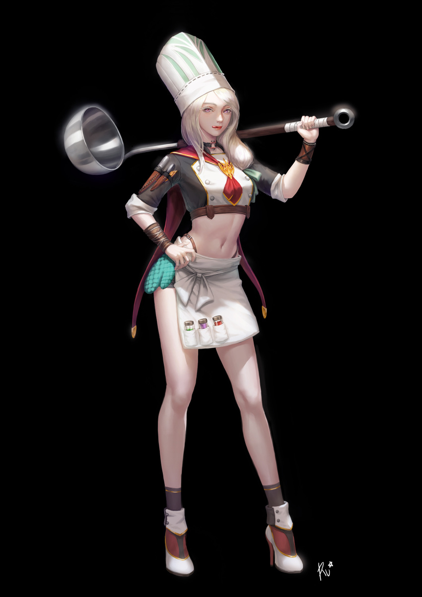 1girl absurdres apron black_background black_legwear bottle chef_hat colored_eyelashes crop_top full_body hand_on_hip hat high_heels highres holding knife ladle long_hair looking_at_viewer navel original oven_mitts oversized_object revision sheath sheathed shoes signature socks solo standing tongue tongue_out violet_eyes w_ruwaki waist_apron white_apron