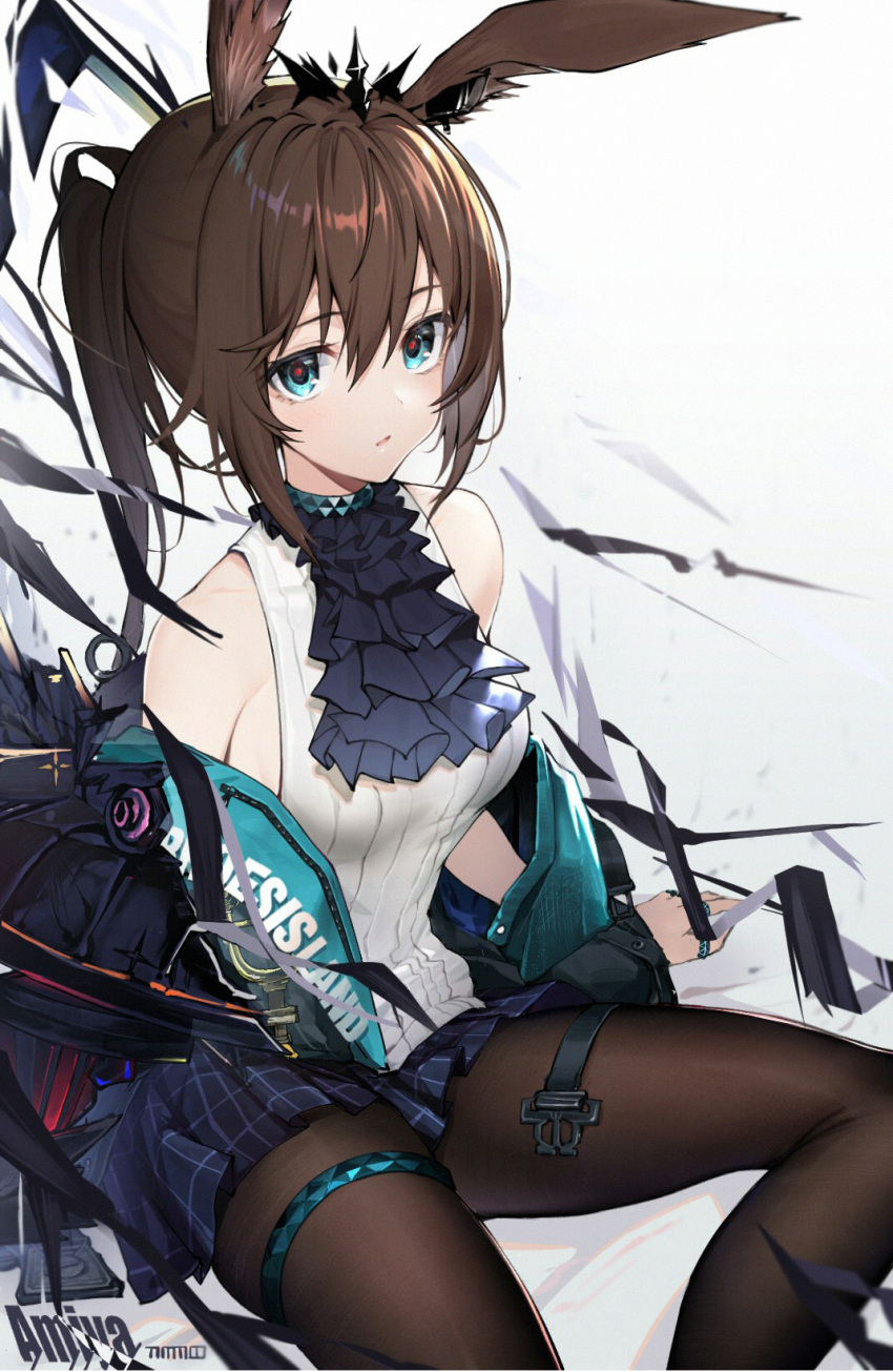 1girl amiya_(arknights) animal_ears aqua_eyes arknights artist_name ascot bangs bare_shoulders black_coat black_legwear black_neckwear blue_skirt blush breasts brown_hair bunny_girl character_name clothes_writing coat commentary_request eyebrows_visible_through_hair highres jewelry long_hair long_sleeves looking_at_viewer miniskirt off_shoulder open_clothes open_coat pantyhose plaid plaid_skirt pleated_skirt ponytail rabbit_ears ring shirt simple_background sitting skirt small_breasts solo tiara timmoo white_background white_shirt