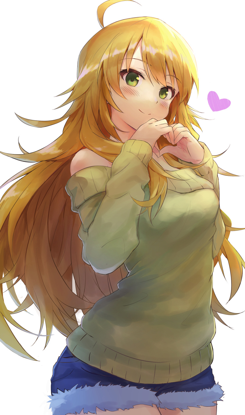 1girl absurdres ahoge bare_shoulders blonde_hair blue_shorts blush closed_mouth denim denim_shorts eyebrows_visible_through_hair green_sweater heart heart_hands highres hoshii_miki idolmaster idolmaster_(classic) long_hair long_sleeves looking_at_viewer shorts simple_background smile solo sweater syuichi white_background