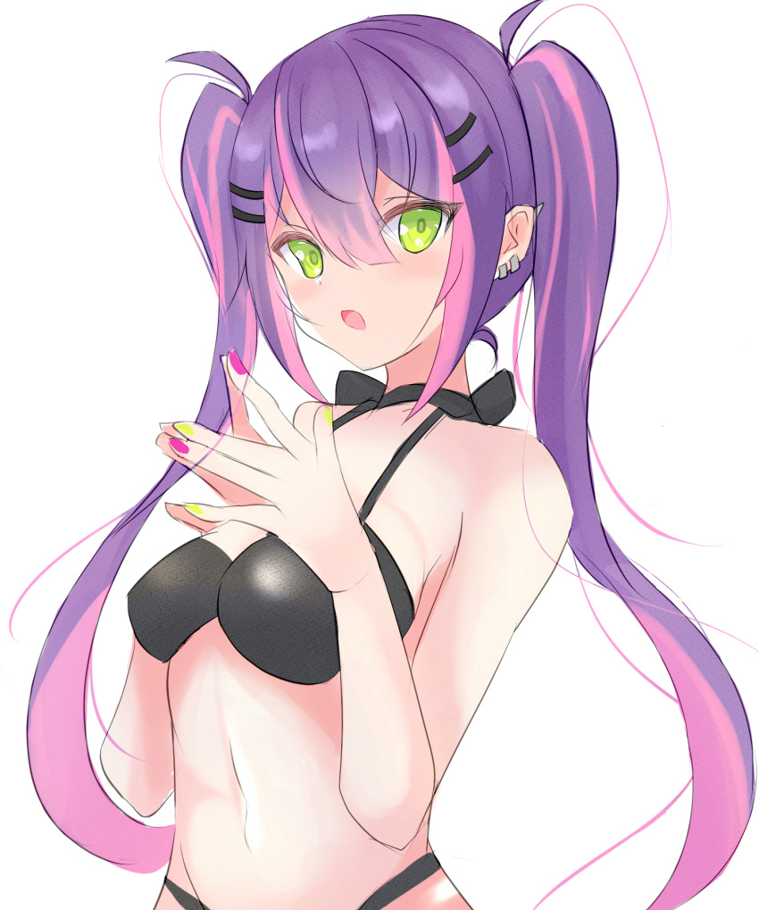 1girl blush breasts english_commentary fingernails green_eyes hair_between_eyes hair_ornament hairclip hands_together highres hololive liyaku medium_breasts navel open_mouth purple_hair simple_background solo swimsuit tokoyami_towa twintails virtual_youtuber white_background