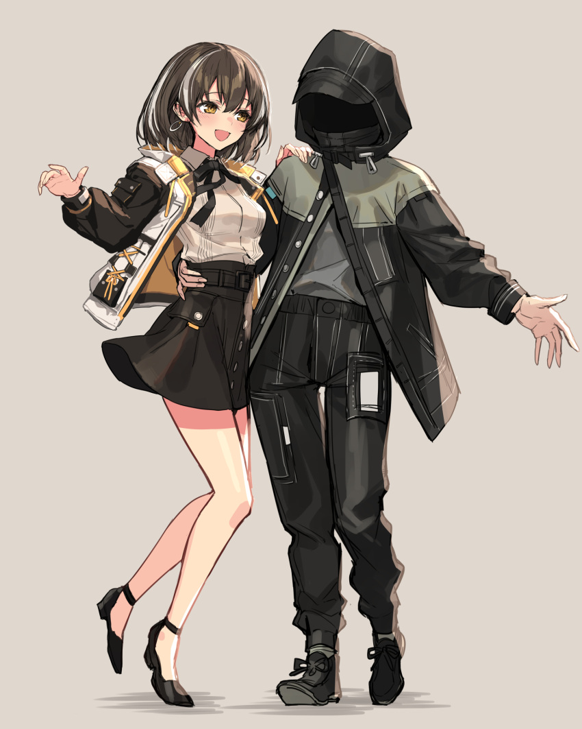 1boy 1girl adapted_costume arknights bare_legs black_footwear black_jacket black_neckwear black_pants black_skirt blush breasts brown_hair collared_shirt doctor_(arknights) earrings eyebrows_visible_through_hair full_body grey_background hair_between_eyes hand_on_another's_shoulder high_heels highres hood hooded_jacket hoop_earrings hug jacket jewelry magallan_(arknights) medium_breasts miniskirt multicolored_hair neck_ribbon open_clothes open_jacket open_mouth orange_eyes pants ribbon shirt short_hair side-by-side sigm@ silver_hair simple_background single_earring skirt smile standing standing_on_one_leg streaked_hair thighs two-tone_hair white_jacket white_shirt