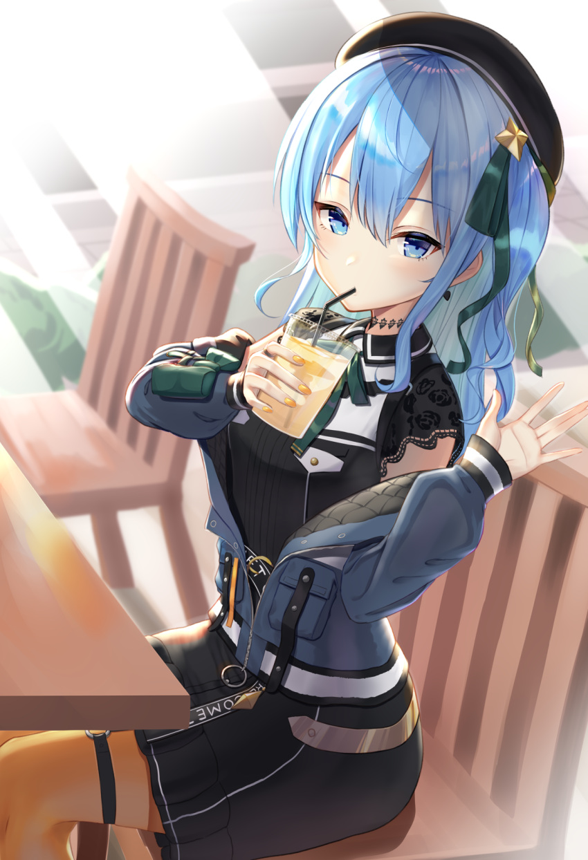 1girl alternate_costume arm_up bangs beret black_headwear black_shirt black_skirt blue_eyes blue_hair blue_jacket breasts chair choker cup disposable_cup drink drinking drinking_straw earrings eyebrows_visible_through_hair green_ribbon hair_between_eyes hair_ornament hair_ribbon hat highres hololive hoshimachi_suisei jacket jewelry lace long_hair long_sleeves looking_at_viewer medium_hair nail_polish nyaa28 off-shoulder_jacket ribbon shirt side_ponytail sitting skirt small_breasts solo star_(symbol) table thigh_strap virtual_youtuber waving