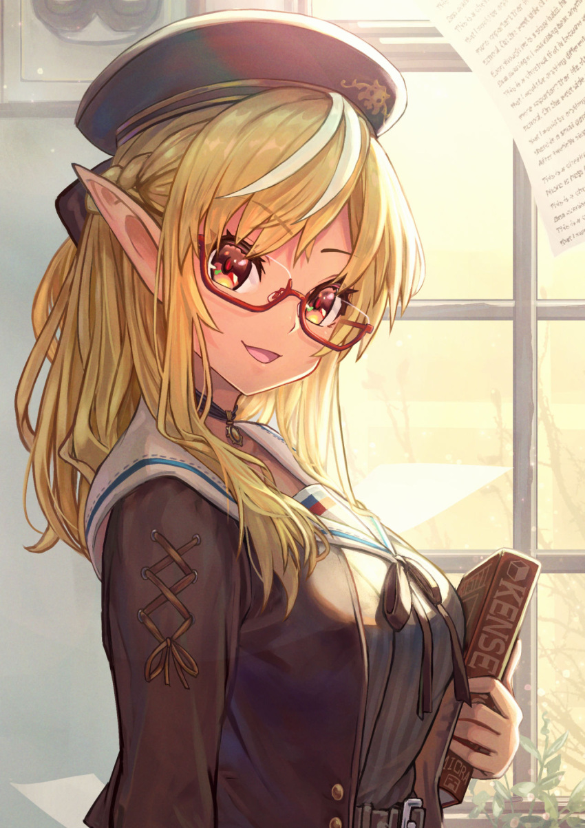 1girl belt black_headwear black_neckwear black_ribbon blonde_hair book breasts brown_belt eyebrows_visible_through_hair glasses hat highres holding holding_book hololive indoors long_hair long_sleeves looking_at_viewer medium_breasts open_mouth paper pointy_ears red_eyes ribbon sailor_collar sakumichi shiranui_flare smile solo upper_body virtual_youtuber white_sailor_collar window