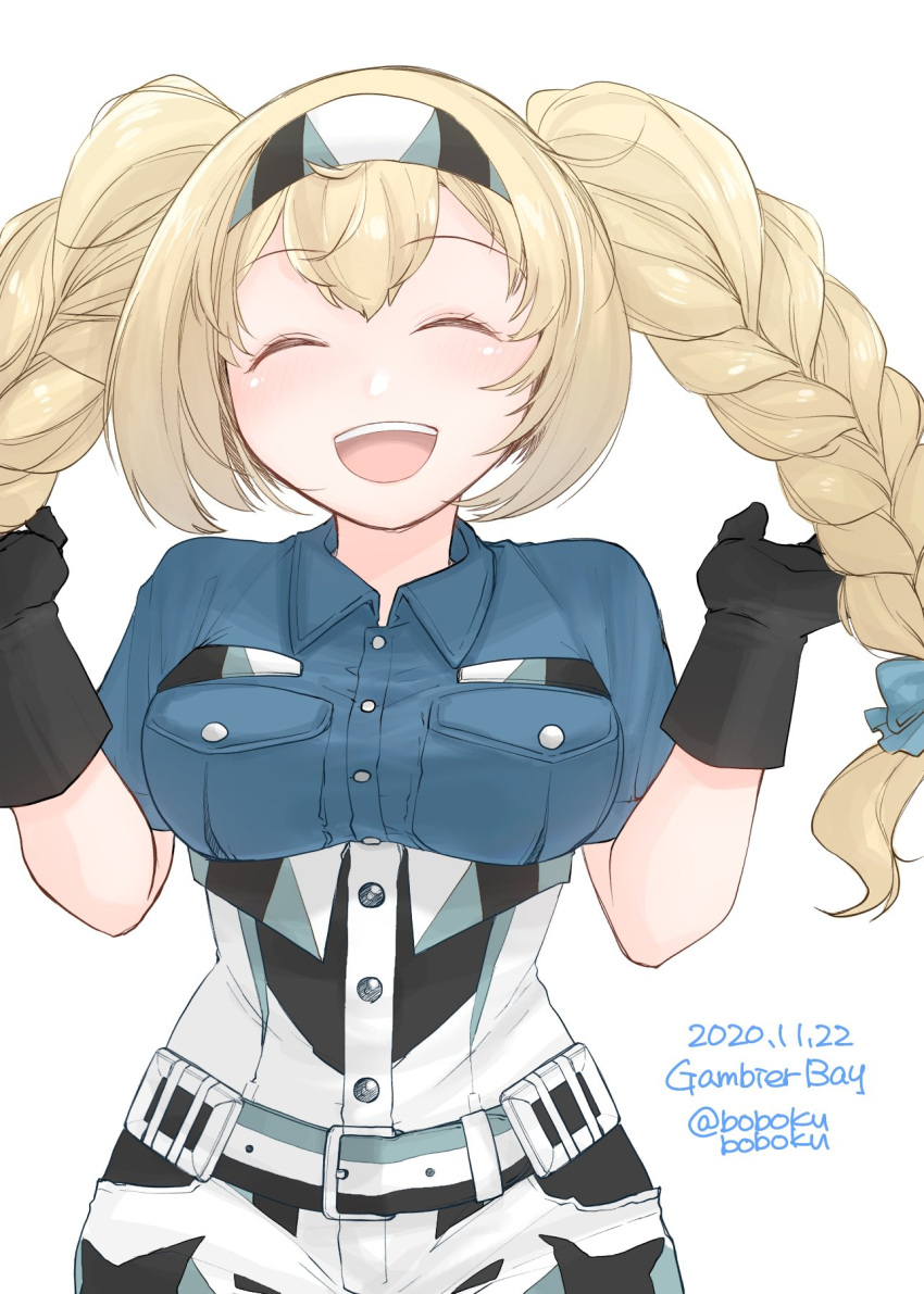 1girl alternate_hair_length alternate_hairstyle black_gloves blonde_hair blue_shirt bobokuboboku braid breast_pocket breasts character_name collared_shirt commentary_request dated facing_viewer gambier_bay_(kantai_collection) gloves hairband highres kantai_collection large_breasts looking_at_viewer multicolored multicolored_clothes multicolored_shorts open_mouth pocket shirt shorts simple_background smile solo twin_braids twintails twitter_username upper_teeth white_background