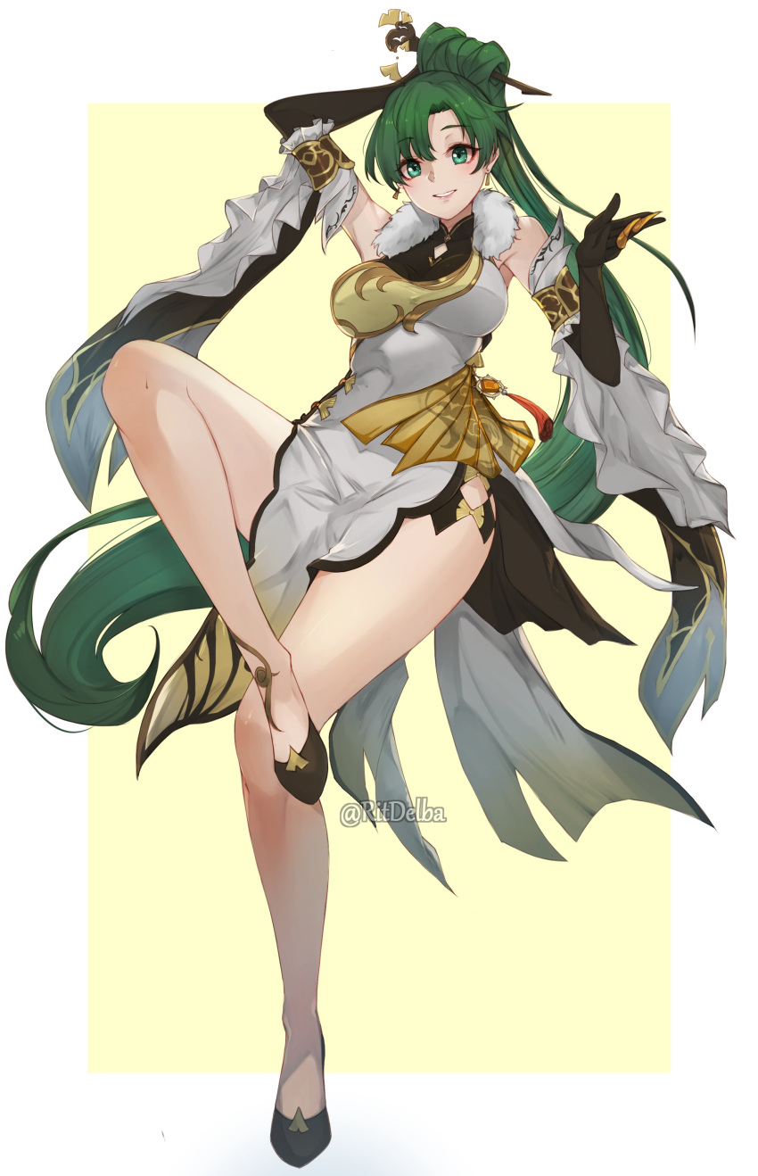 1girl absurdres arm_behind_head artist_name bangs breasts china_dress chinese_clothes commentary cosplay dress earrings elbow_gloves eyebrows_visible_through_hair fire_emblem fire_emblem:_the_blazing_blade fire_emblem_heroes full_body fur_trim genshin_impact gloves green_eyes green_hair hair_ornament hand_up highres jewelry lips looking_at_viewer lyn_(fire_emblem) medium_breasts ningguang ningguang_(cosplay) parted_lips ponytail ritence shiny shiny_hair shoes simple_background smile solo thighs tied_hair watermark