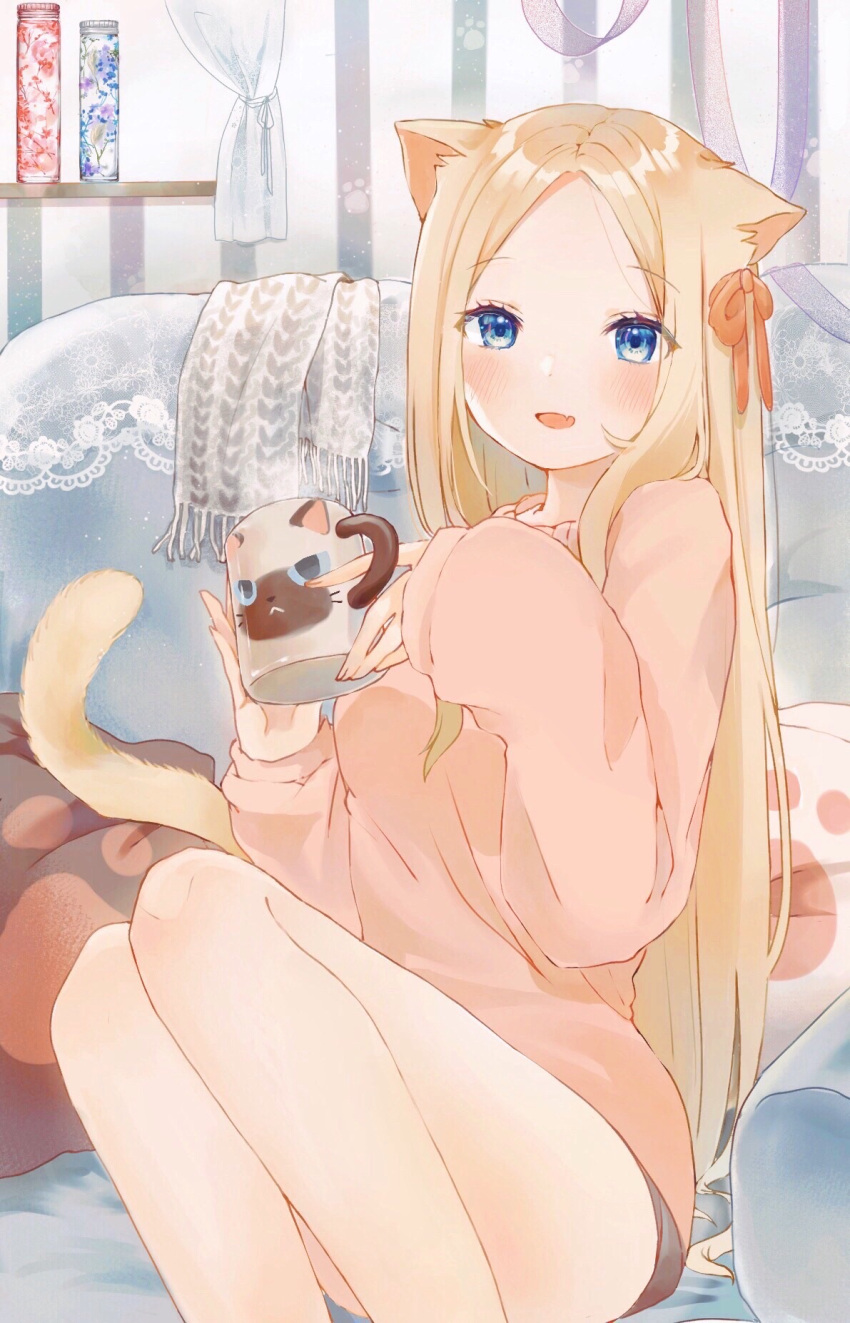 1girl abigail_williams_(fate/grand_order) animal_ears bangs blonde_hair blue_eyes blush breasts cat_ears cat_tail cup fate/grand_order fate_(series) forehead highres knees_up long_hair long_sleeves looking_at_viewer mug oden_(pixiv49543646) open_mouth parted_bangs revision sidelocks small_breasts smile sweater tail thighs