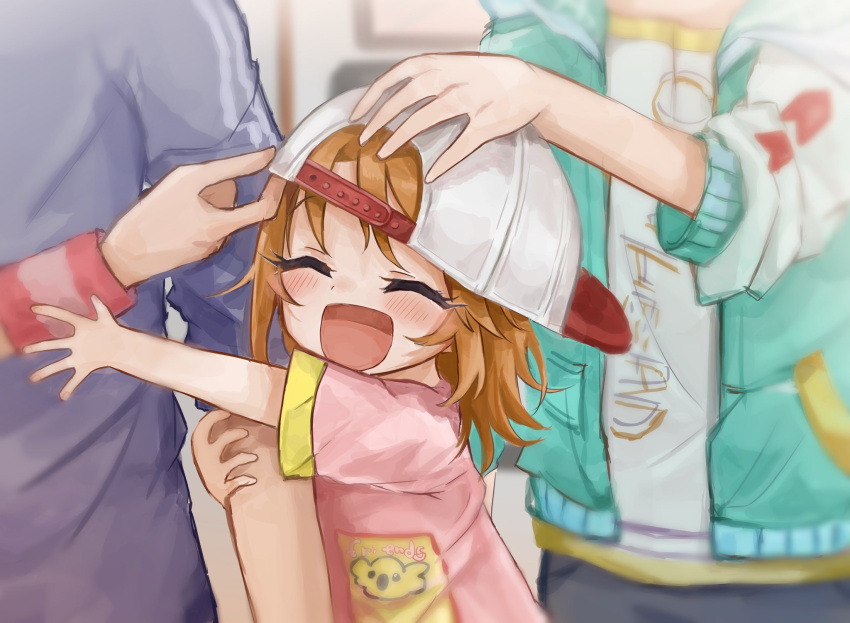 arm_grab backwards_hat baseball_cap blush child closed_eyes family green_jacket hachiya_(silica_q_tomo) hat highres idolmaster idolmaster_cinderella_girls if_they_mated jacket medium_hair open_clothes open_jacket open_mouth orange_hair outstretched_arm producer_(idolmaster) sweatband wristband yuuki_haru