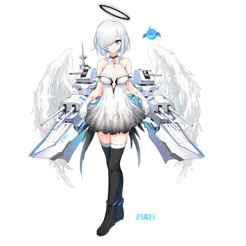 1girl animal bangs bare_shoulders bird black_footwear black_hair blue_eyes boots breasts cannon closed_mouth collarbone copyright_request dress eyebrows_visible_through_hair feathered_wings full_body gloves hair_over_one_eye halo highres looking_at_viewer machinery medium_breasts shibanme_tekikumo short_hair silver_hair simple_background skirt_hold sleeveless sleeveless_dress smile solo standing thigh-highs thighhighs_under_boots turret white_background white_dress white_gloves white_wings wings