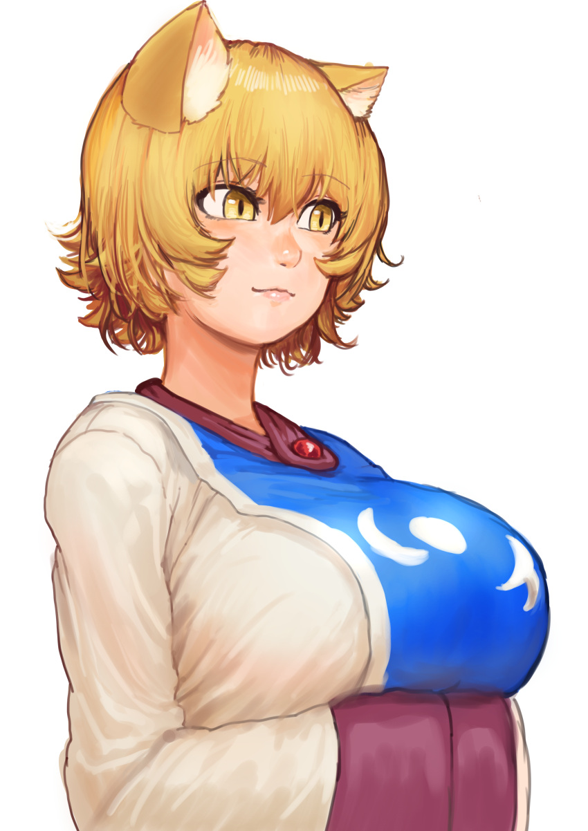 1girl absurdres animal_ears blonde_hair breast_rest breasts chanta_(ayatakaoisii) closed_mouth fox_ears hands_in_opposite_sleeves highres huge_breasts long_sleeves looking_to_the_side short_hair simple_background slit_pupils smile solo touhou upper_body white_background yakumo_ran yellow_eyes