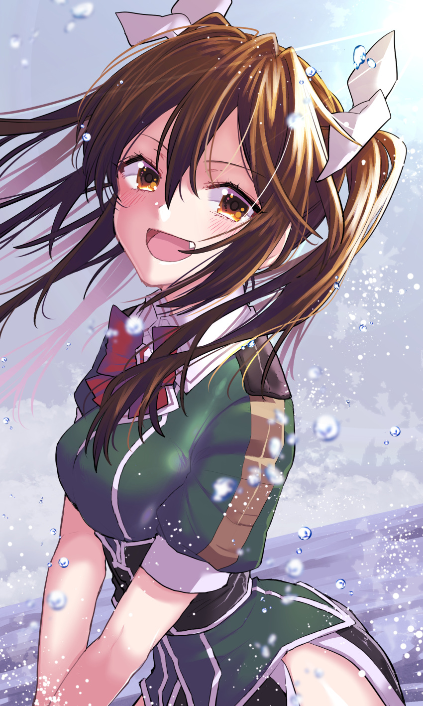 1girl absurdres bangs blush bow bowtie breasts brown_eyes brown_hair clouds cloudy_sky dress fang hair_between_eyes hair_ribbon highres kantai_collection long_hair medium_breasts open_mouth outdoors pelvic_curtain red_neckwear remodel_(kantai_collection) ribbon short_sleeves sky solo tone_(kantai_collection) twintails water water_drop yami_(m31)