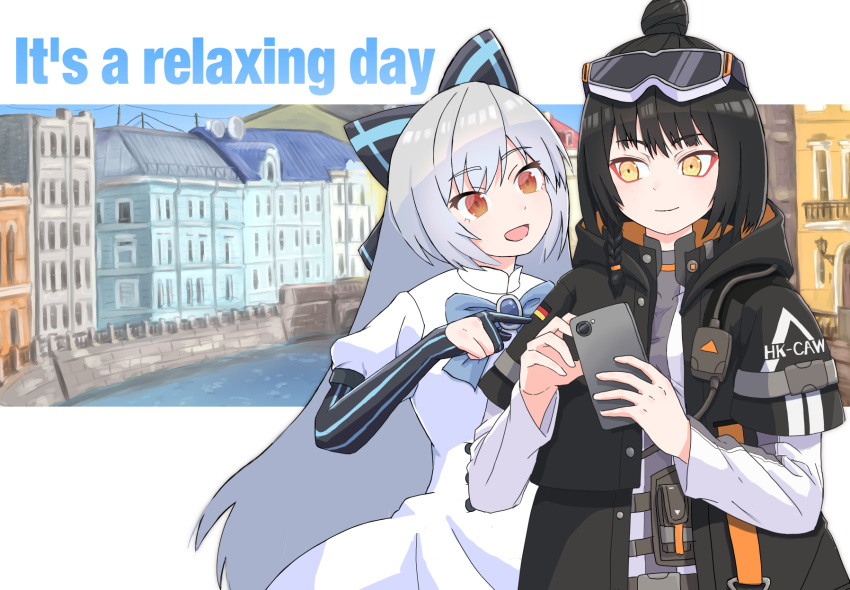 2girls black_hair canal caws_(girls_frontline) cellphone creator_connection english_text girls_frontline gloves goggles goggles_on_head hair_ribbon half_gloves highres long_sleeves multiple_girls phone red_eyes ribbon silver_hair smartphone smile tokarev_(girls_frontline) town yellow_eyes zukzuk13