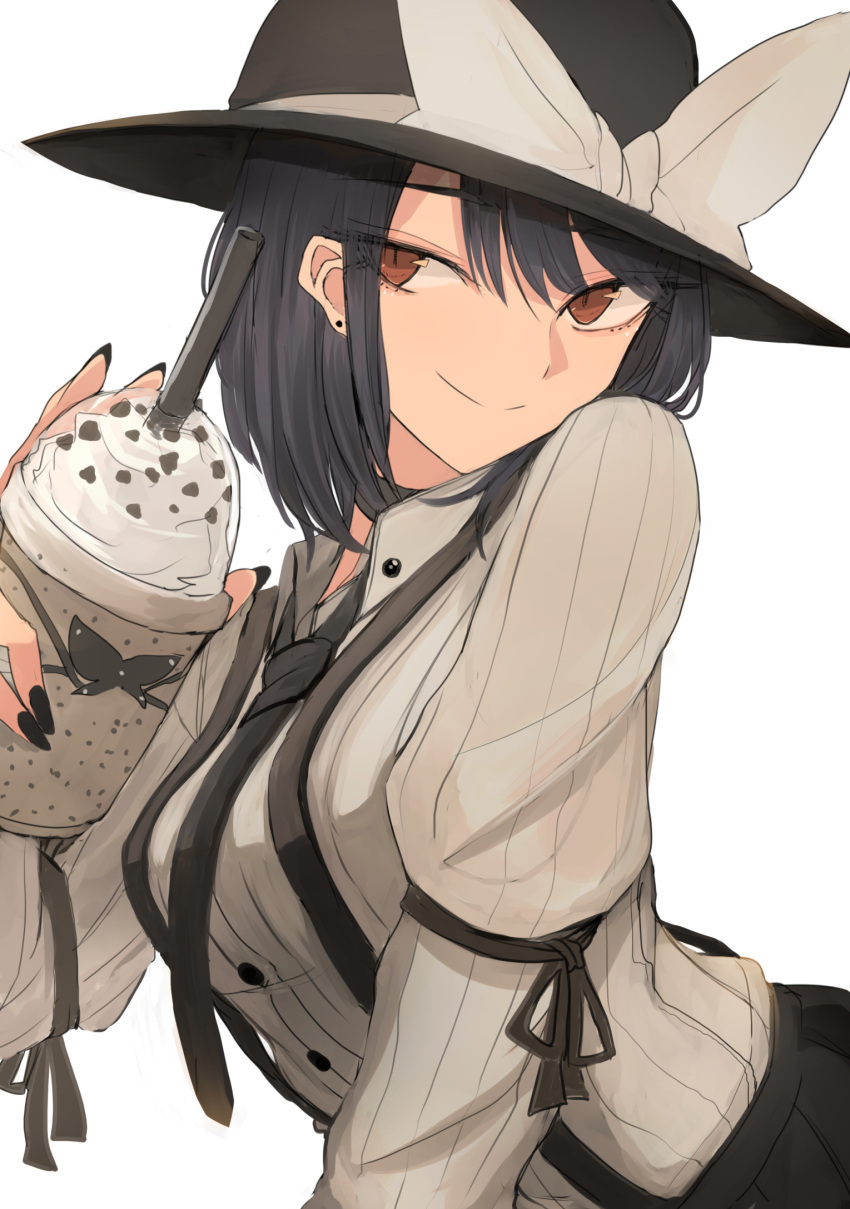 1girl arm_garter bangs black_hair black_headwear black_nails black_neckwear black_skirt bow brown_eyes cappuccino_(drink) closed_mouth collared_shirt commentary cup disposable_cup drinking_straw earrings fedora grey_shirt hat hat_bow head_tilt highres holding holding_cup jewelry leaning_forward long_sleeves looking_at_viewer medium_hair nail_polish ne_kuro necktie shirt simple_background skirt smile solo striped striped_shirt stud_earrings suspender_skirt suspenders touhou upper_body usami_renko vertical-striped_shirt vertical_stripes white_background white_bow wing_collar