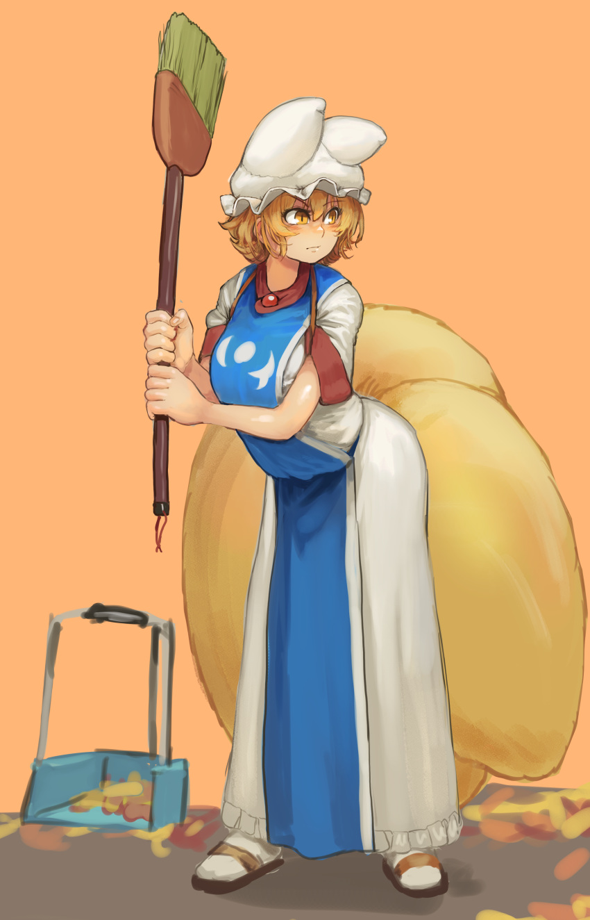 1girl absurdres animal_ears autumn_leaves baseball baseball_pose broom chanta_(ayatakaoisii) chest_harness closed_mouth fingernails fox_ears fox_tail full_body harness highres holding holding_broom long_skirt multiple_tails orange_background sandals shirt short_hair short_sleeves simple_background skirt slit_pupils solo tabard tail touhou white_headwear white_legwear white_shirt white_skirt yakumo_ran yellow_eyes