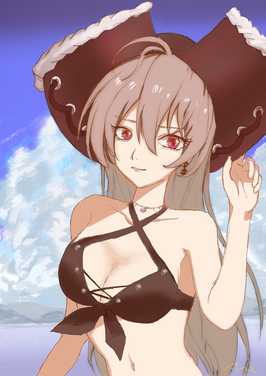 1girl absurdres anchor_earrings artist_request azur_lane bikini brown_bikini clouds criss-cross_halter earrings hair_between_eyes halterneck hat highres jean_bart_(azur_lane) jean_bart_(secret_afternoon)_(azur_lane) jewelry light_brown_hair looking_at_viewer pirate_hat red_eyes signature solo swimsuit upper_body