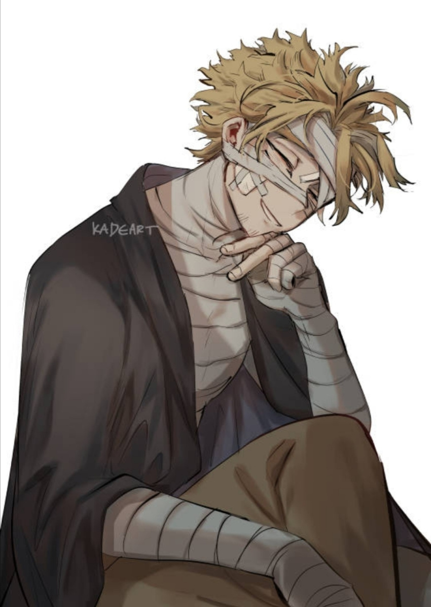 1boy arm_wrap artist_name bandage_on_face bandage_over_one_eye bandaged_arm bandaged_hands bandaged_head bandaged_leg bandages bandaid bandaid_on_face bangs blonde_hair boku_no_hero_academia closed_eyes hand_on_own_chin hawks_(boku_no_hero_academia) highres injury kadeart knee_up looking_at_viewer male_focus messy_hair pants parted_lips short_hair simple_background sitting smile solo white_background