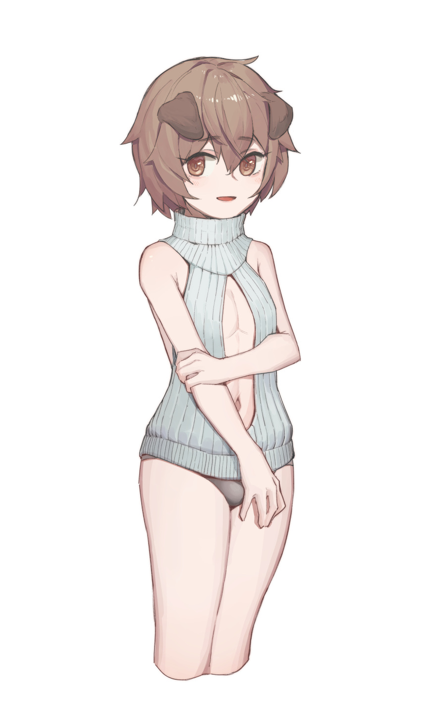 1boy :d absurdres animal_ears arknights arm_grab blush brown_eyes brown_hair brown_panties bulge cropped_legs crossdressinging dog_ears dress eyebrows_visible_through_hair grey_sweater greyy_(arknights) hair_between_eyes highres lan_mao_akko looking_at_viewer meme_attire navel open-chest_sweater open_mouth otoko_no_ko panties ribbed_sweater short_hair simple_background smile solo standing sweater sweater_dress underwear virgin_killer_sweater white_background